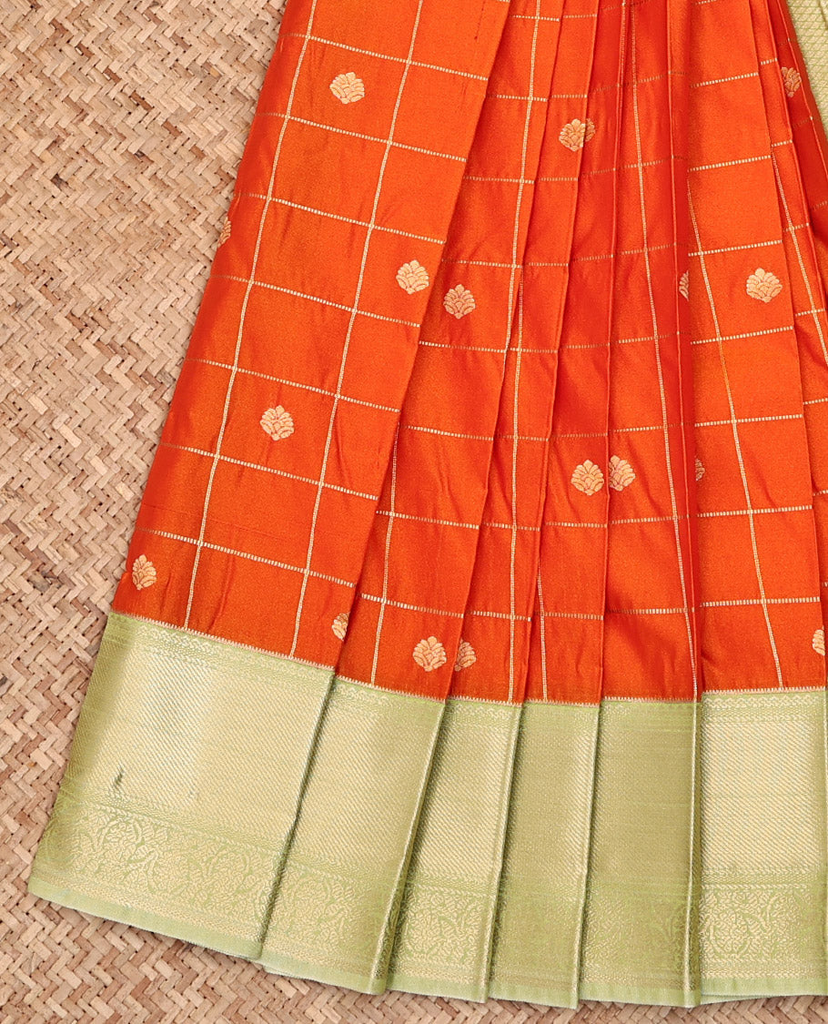 Orange Budget Silk Saree, Richly Detailed with Zari Buttas All Over Its Body, Complemented by a Contrast Traditional Zari Border of Floral Creeper Designs, Jaal Pallu, and Paired with a Contrast Blouse