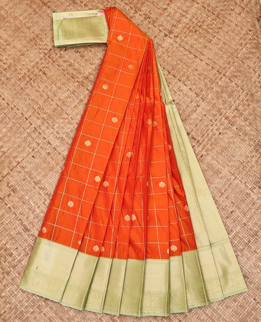Orange Budget Silk Saree, Richly Detailed with Zari Buttas All Over Its Body, Complemented by a Contrast Traditional Zari Border of Floral Creeper Designs, Jaal Pallu, and Paired with a Contrast Blouse