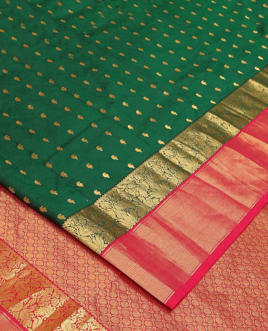 Green paisley zari buttas Bangalore silk saree, contrast zari border of peacock designs, and pallu of ogee patterns
