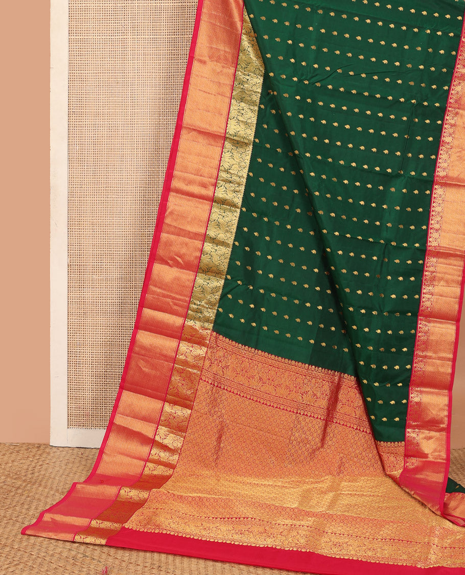 Green paisley zari buttas Bangalore silk saree, contrast zari border of peacock designs, and pallu of ogee patterns