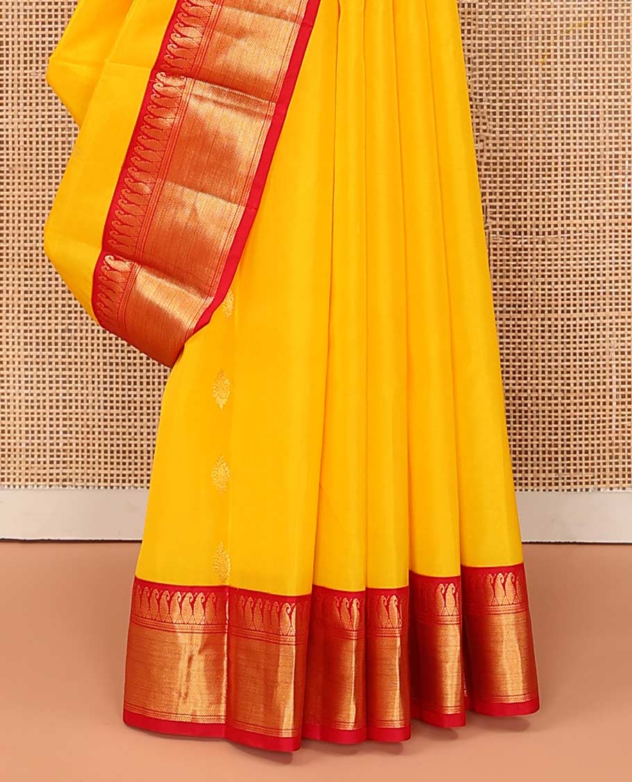 Yellow zari buttas Bangalore silk saree, contrast traditional zari border of paisleys, and floral jaal pallu
