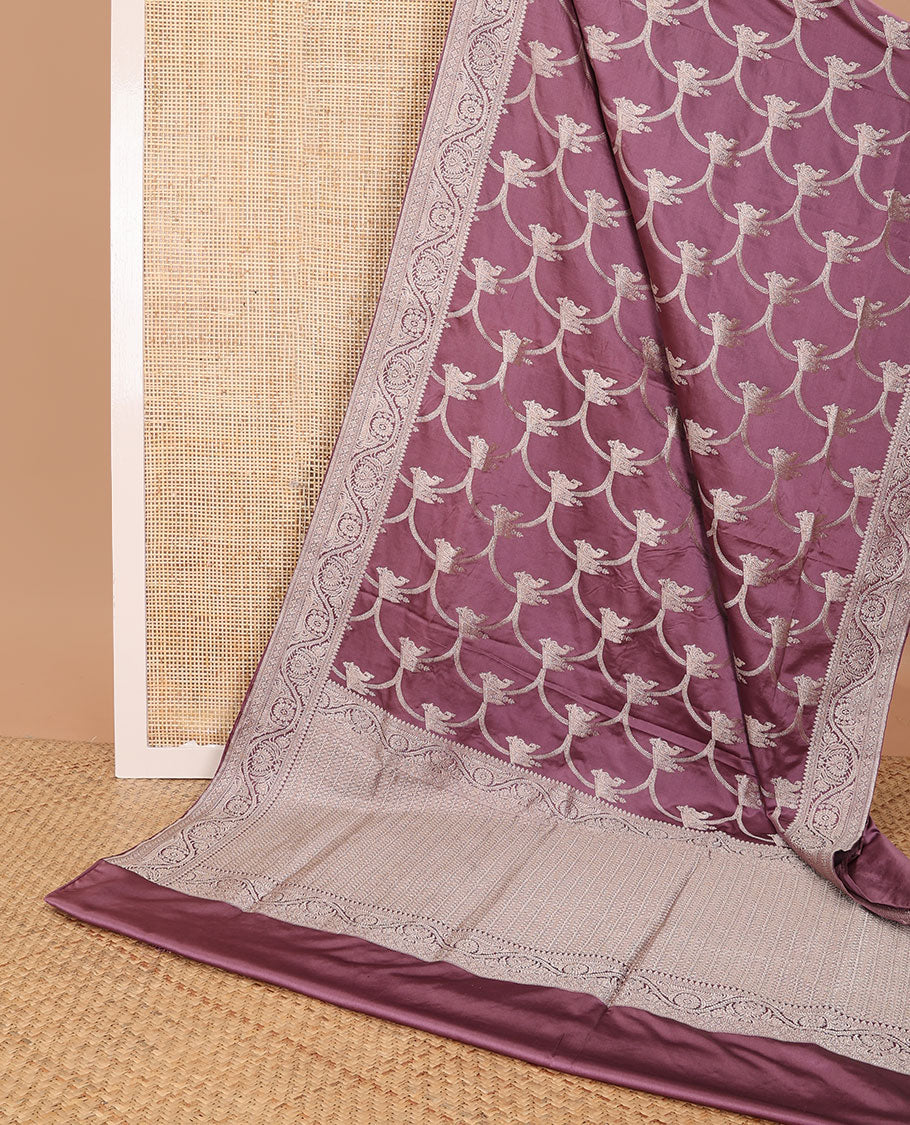 Purple jaal design semi banaras satin saree with self zari design border & floral design pallu