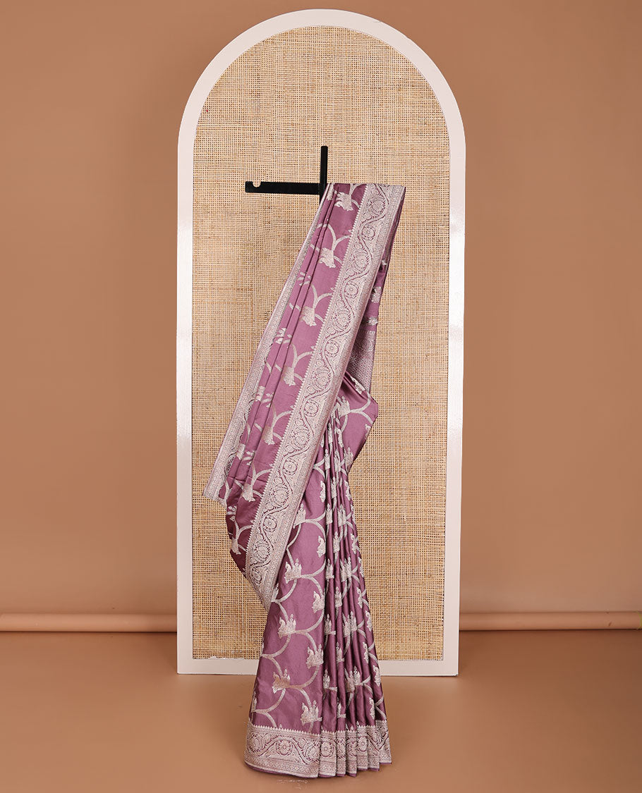 Purple jaal design semi banaras satin saree with self zari design border & floral design pallu