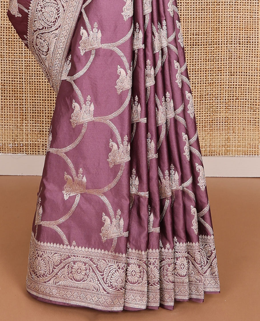 Purple jaal design semi banaras satin saree with self zari design border & floral design pallu