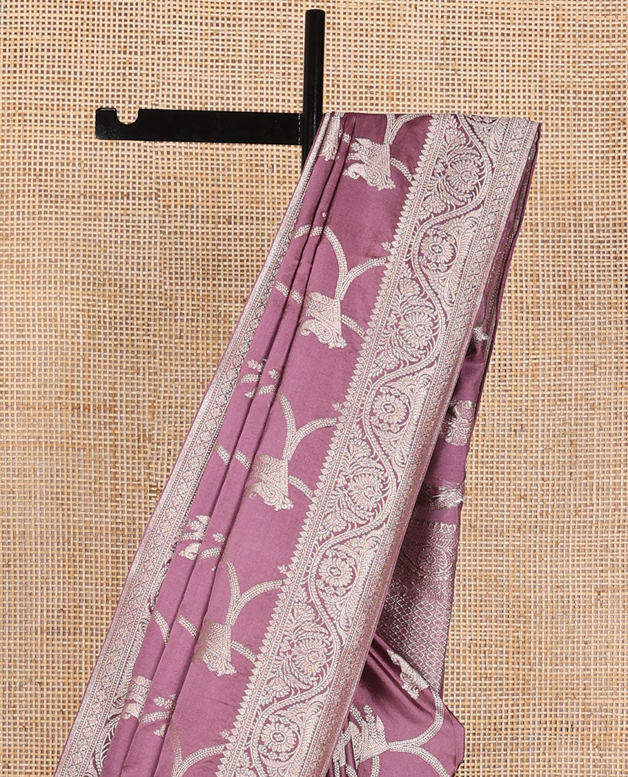 Purple jaal design semi banaras satin saree with self zari design border & floral design pallu