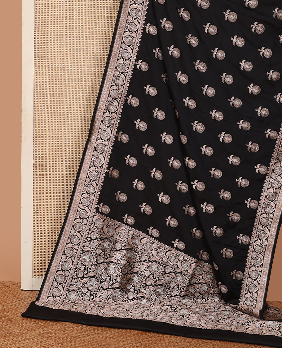 Inky black floral buttas banarasi silk saree, floral creeper zari woven border, and floral jaal design pallu