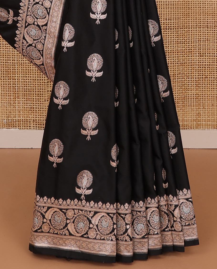 Inky black floral buttas banarasi silk saree, floral creeper zari woven border, and floral jaal design pallu