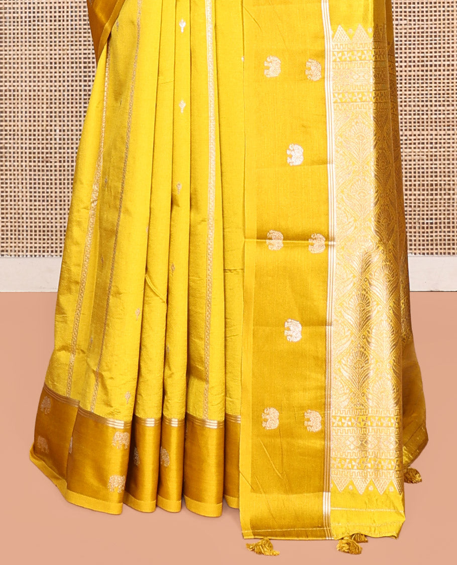 Yellow Satin Silk Saree, Gleamed Up with Buttas and Stripes, Highlighted by Elephant Motif Border, Grand Jaal Pallu, and a Matching Blouse