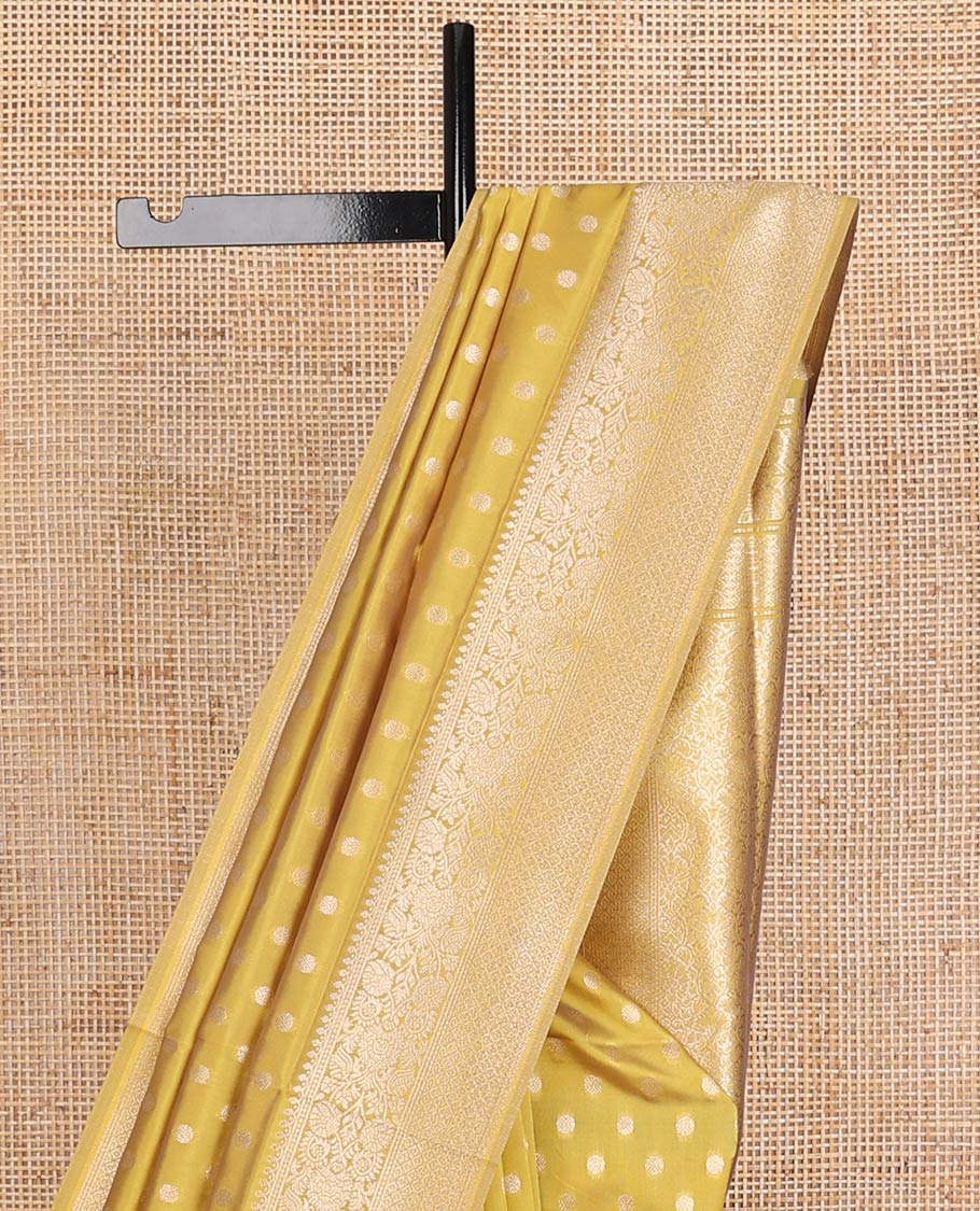 Yellow zari buttas butter silk saree, traditional zari design border & zari floral design weave pallu
