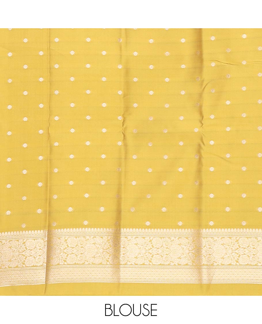 Yellow zari buttas butter silk saree, traditional zari design border & zari floral design weave pallu
