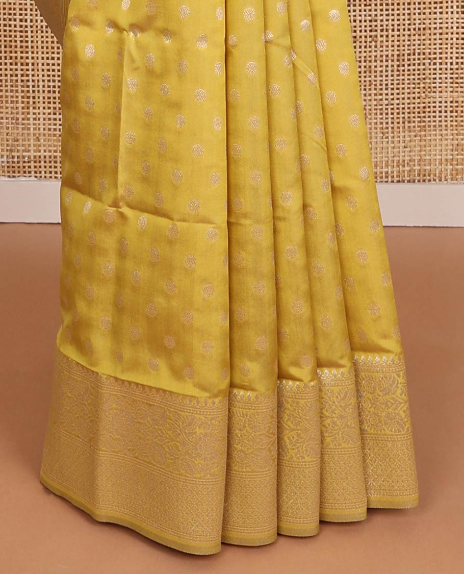 Yellow zari buttas butter silk saree, traditional zari design border & zari floral design weave pallu