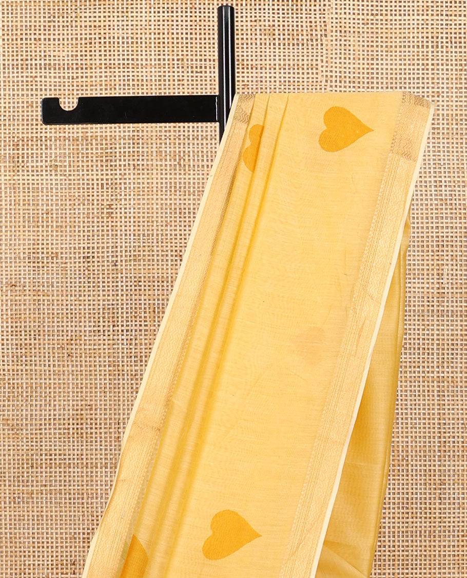 Yellow heart motifs chanderi cotton saree with self zari border & striped zari pallu