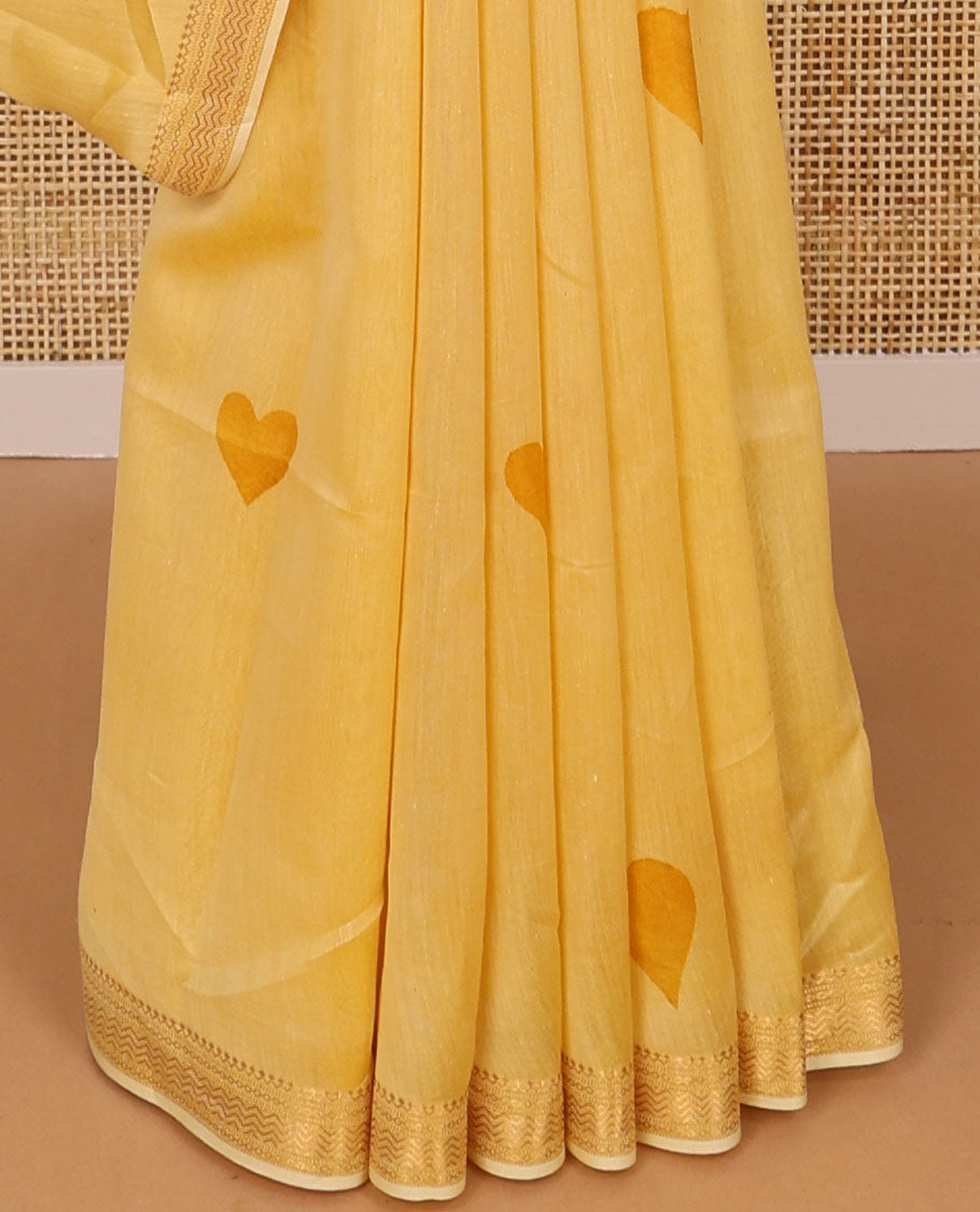 Yellow heart motifs chanderi cotton saree with self zari border & striped zari pallu
