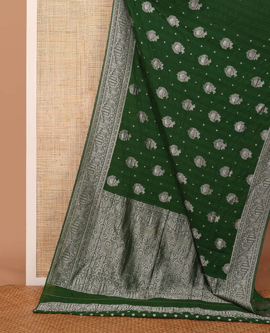 Olive green zari buttas fancy crepe saree, traditional zari border & intricate pallu