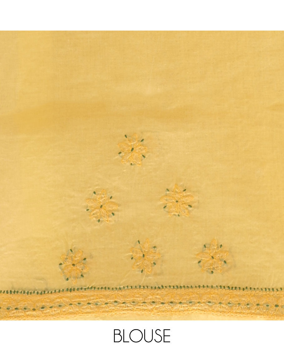 Yellow floral thread embroidery chikankari cotton saree with self embroidery border
