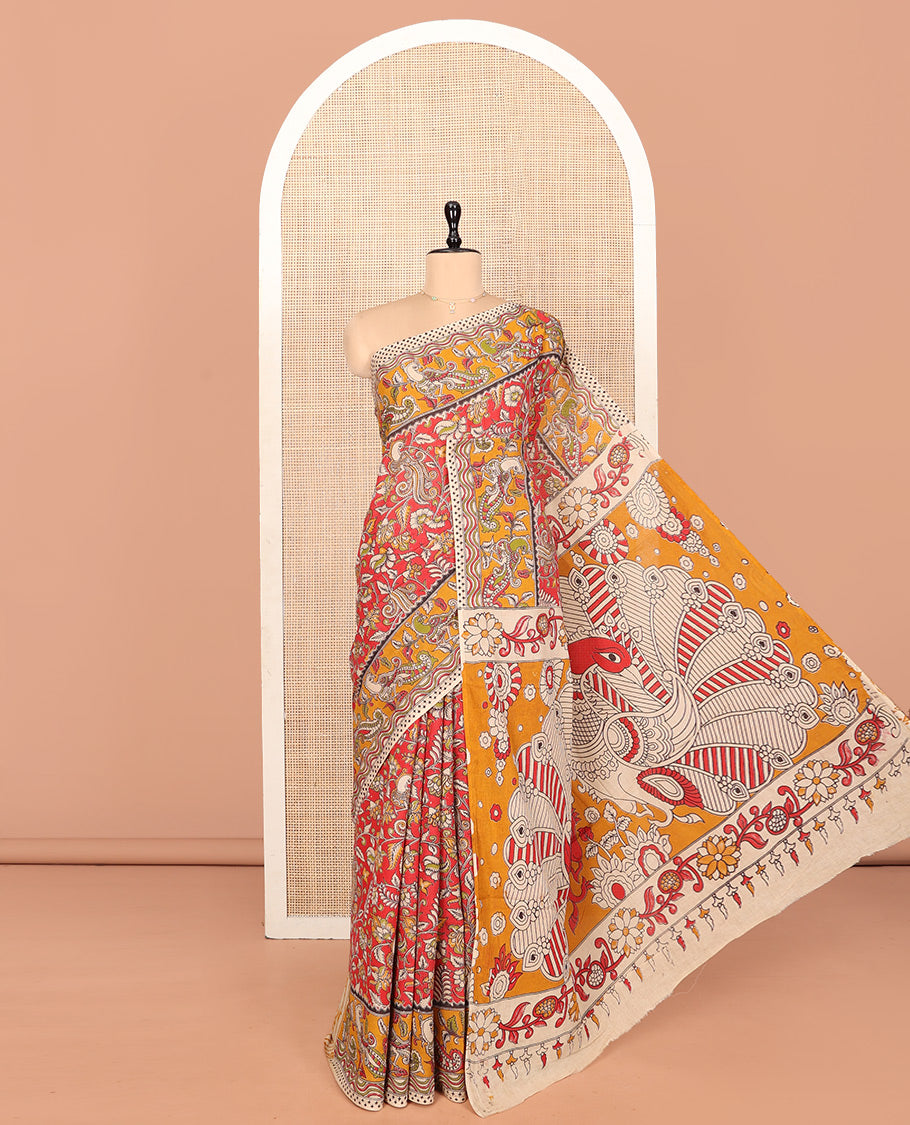 Red Machine Printed Kalamkari Cotton Saree Features Floral Peacock Design, a Contrast Peacock-Printed Border, a Peacock-Printed Pallu, and a Contrast Blouse