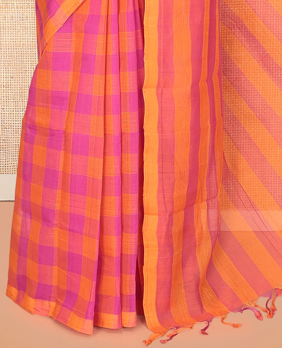 Borderless Pink-Orange Mangalagiri Cotton Saree