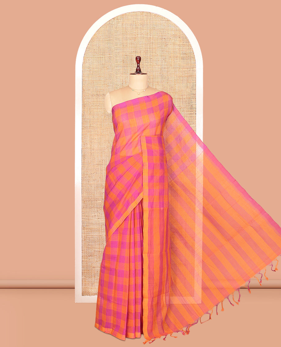 Borderless Pink-Orange Mangalagiri Cotton Saree