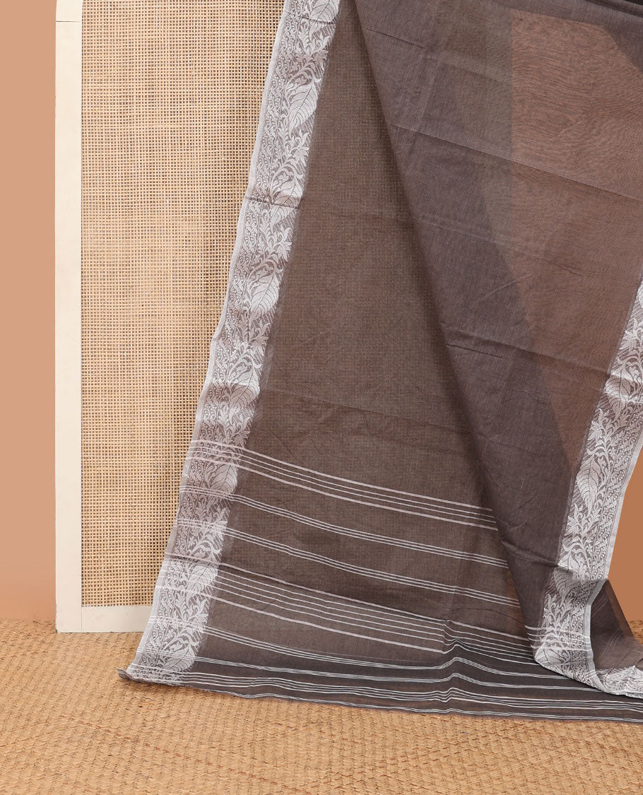 Brown plain Bengal cotton saree, leaf creeper border & pallu of stripes