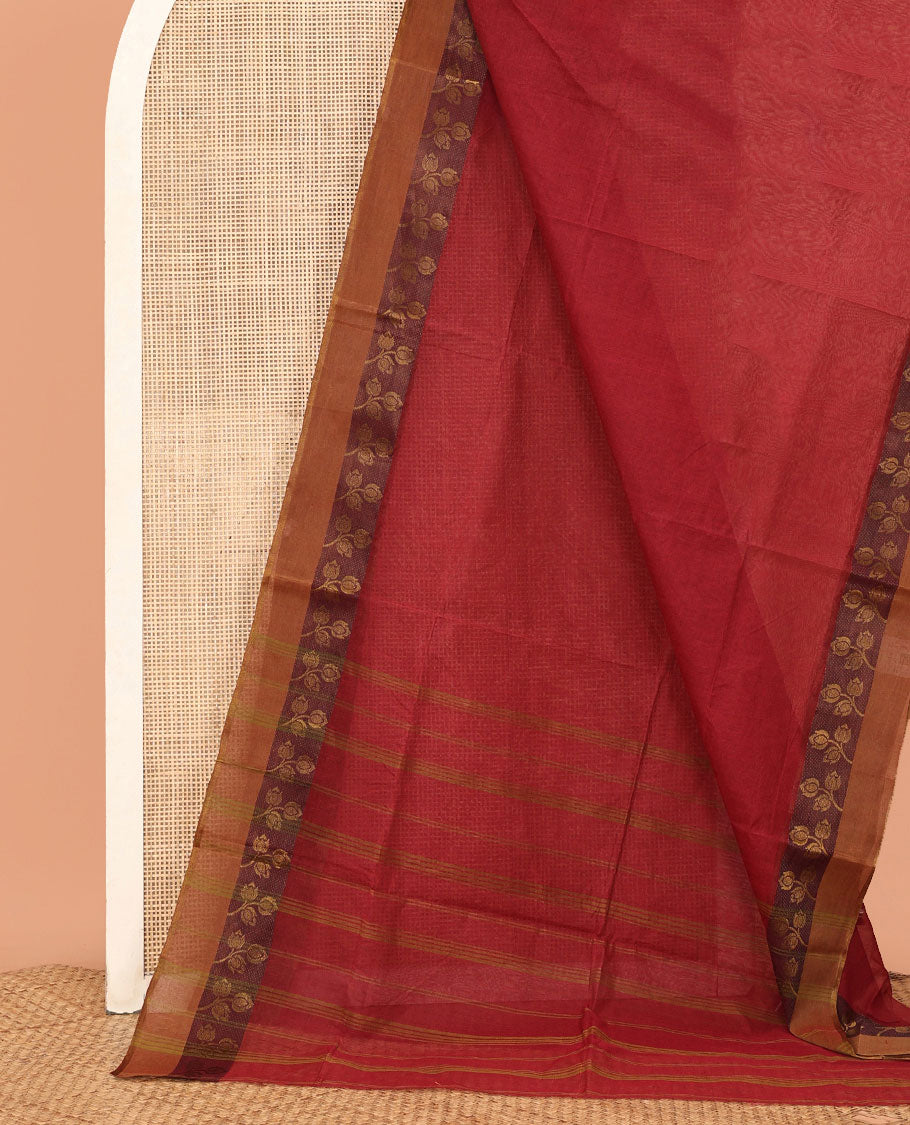 Maroon Plain Bengal Cotton Saree, Contrast Floral Border, Striped Pallu, and No Blouse