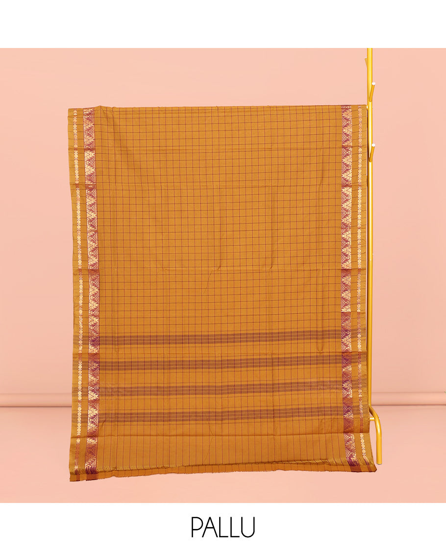 Mustard Chettinad Cotton Saree, Subtly Sparkled with Checks, Highlighted by Traditional Zari Temple Border, Striped Pallu, and No Blouse