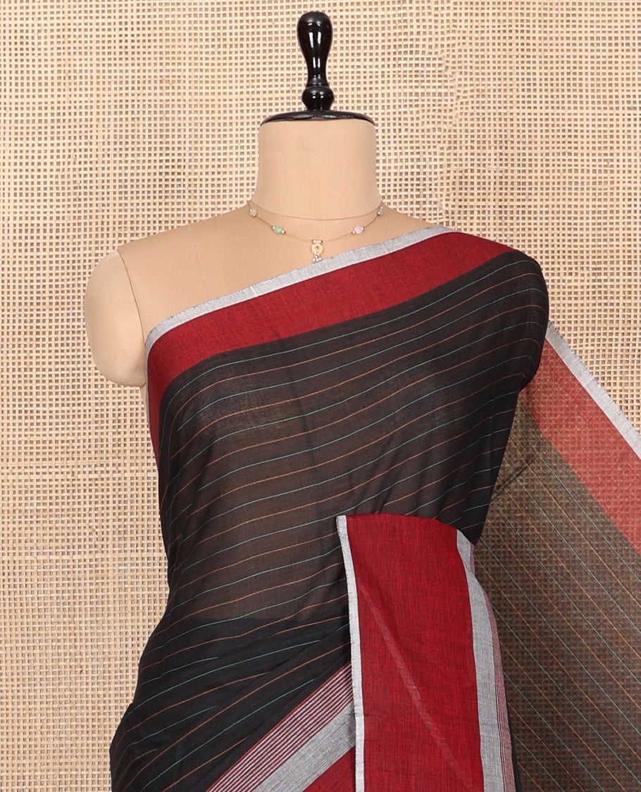 Black Striped Andhra Cotton Saree, Complemented by a Contrast Border, Checked Pallu, and a Matching Blouse