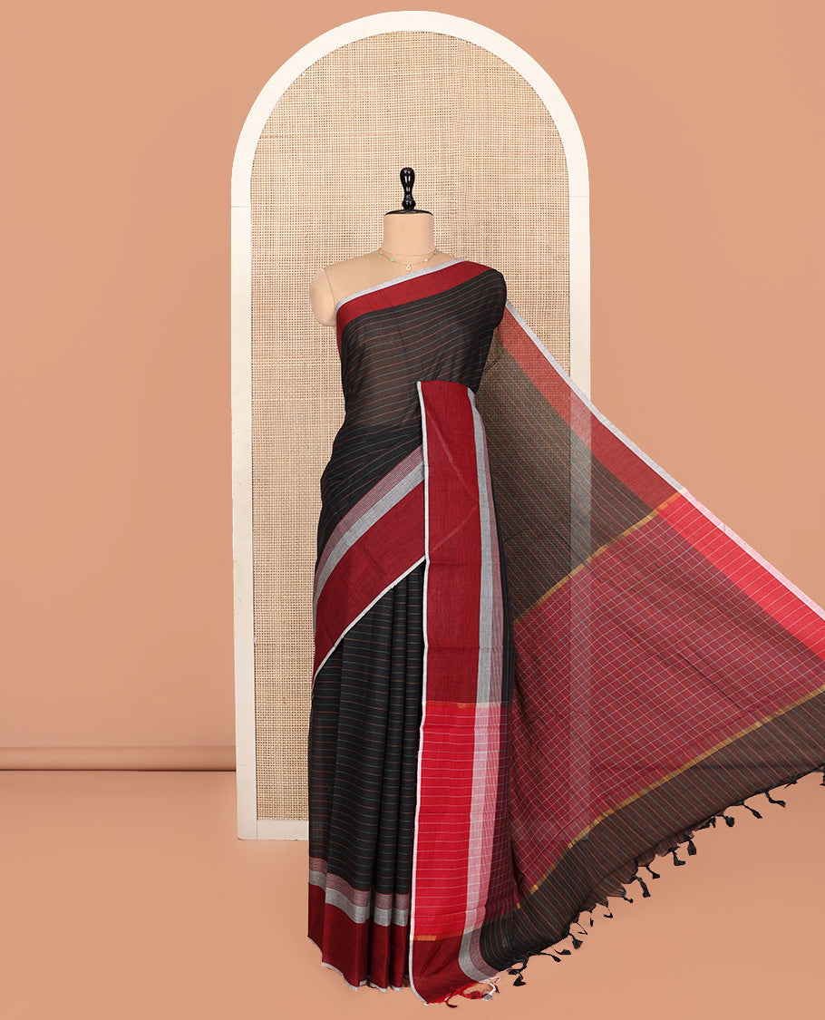 Black Striped Andhra Cotton Saree, Complemented by a Contrast Border, Checked Pallu, and a Matching Blouse