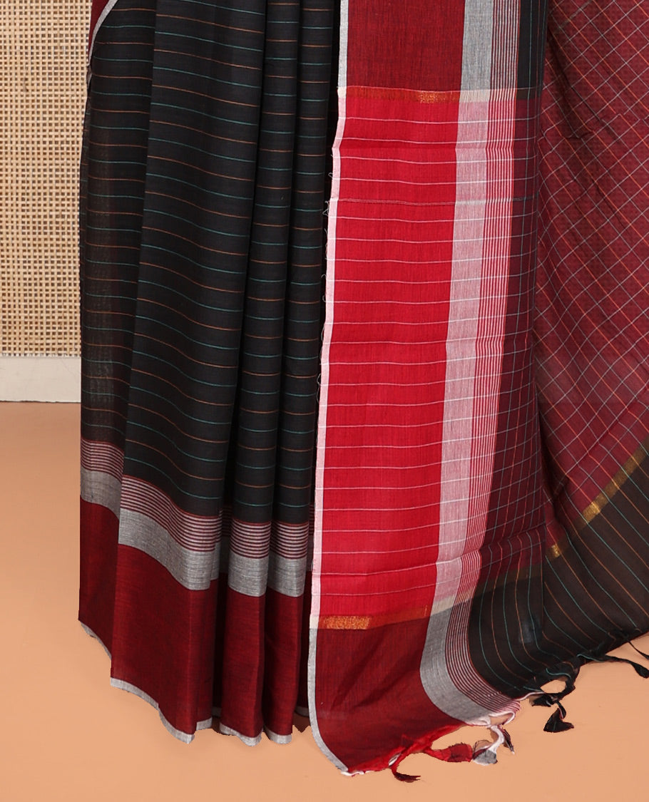 Black Striped Andhra Cotton Saree, Complemented by a Contrast Border, Checked Pallu, and a Matching Blouse
