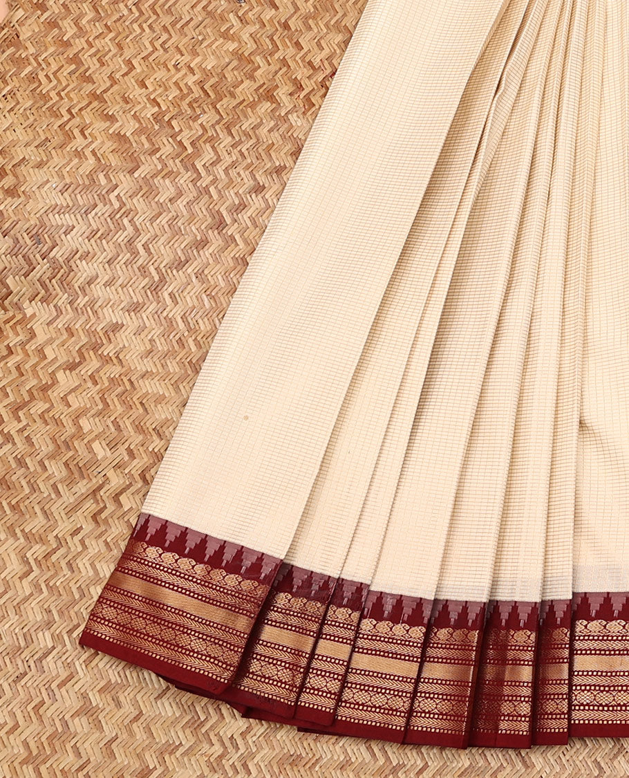 Off-White Checked Budget Silk Saree, Contrast Border and Blouse