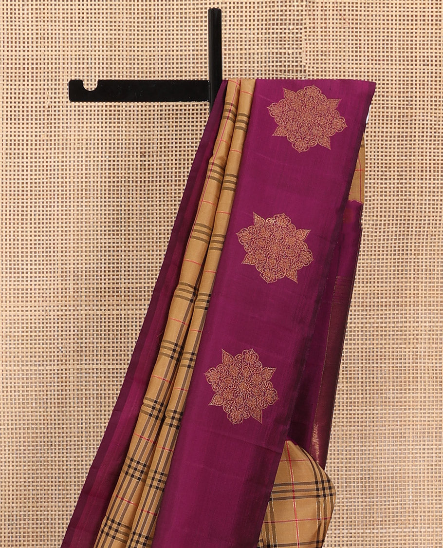 Dark sandal burberry-style checked Kanchipuram silk saree, contrast kolam motifs, zari border, and zari design pallu