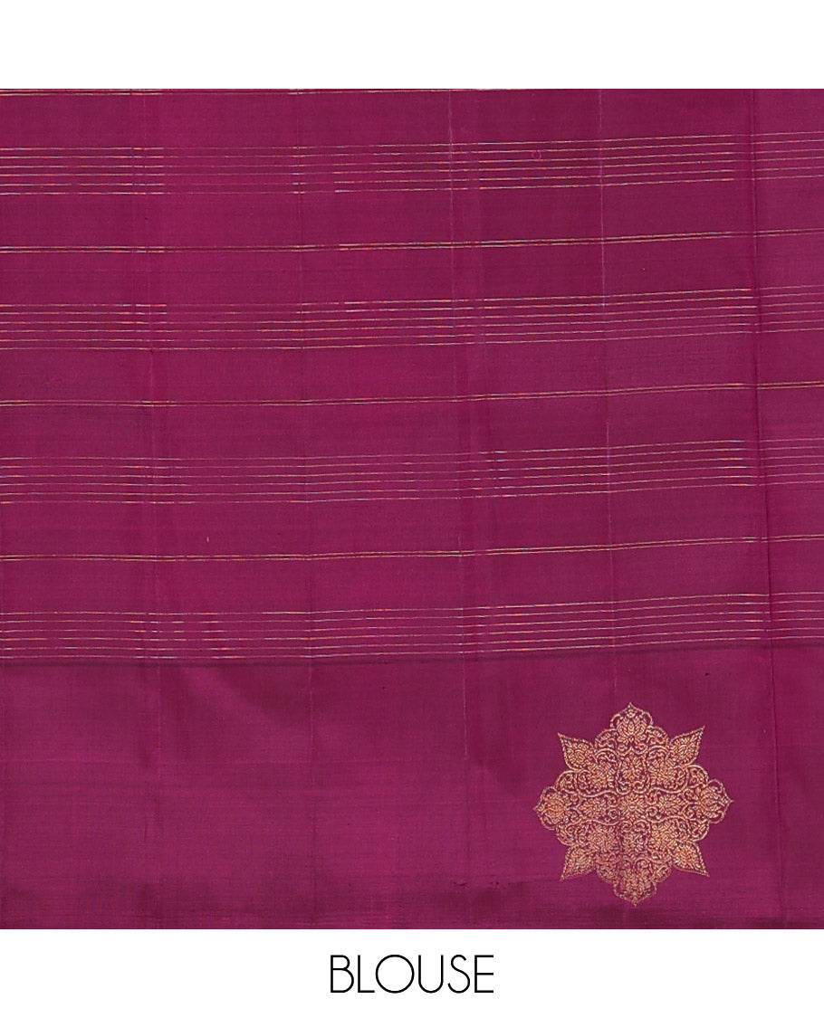 Dark sandal burberry-style checked Kanchipuram silk saree, contrast kolam motifs, zari border, and zari design pallu