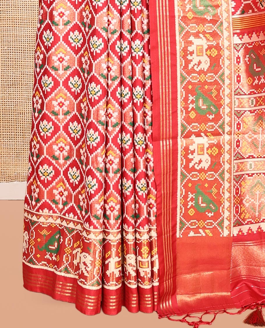 Red Intricate Motif Semi-Patan Patola Saree, Patola Tissue Border, and a Matching Blouse