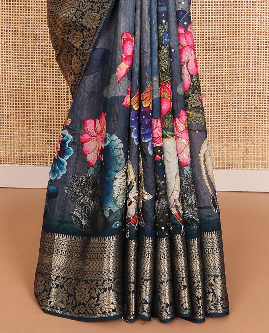 Blue floral & pichwai cow printed with embroidered dola silk saree, contrast traditional zari design border & zari striped pallu