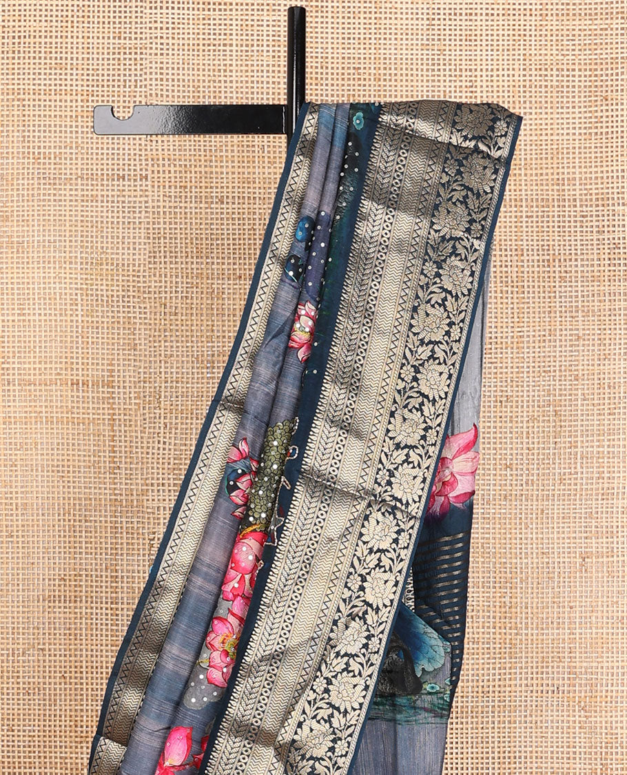 Blue floral & pichwai cow printed with embroidered dola silk saree, contrast traditional zari design border & zari striped pallu