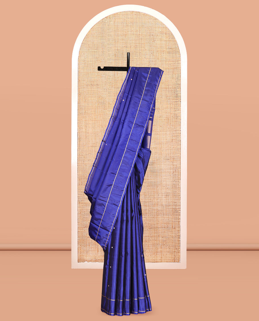 Navy Blue Vasundhara Lite Silk Saree, Subtly Sparkled with Paisa Zari Buttas Across Its Body, Highlighted Zari Border of Horizontal Stripes, Gleaming Pallu of Seppu Rekku Designs, and Paired with a Matching Blouse