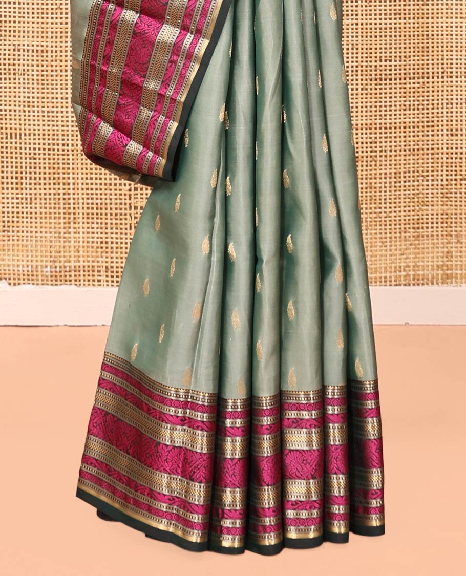 Green Zari Buttas Vasundhara Lite Silk Mix Saree, Contrast Temple Traditional Border, Chakra Pallu, a Contrast Blouse