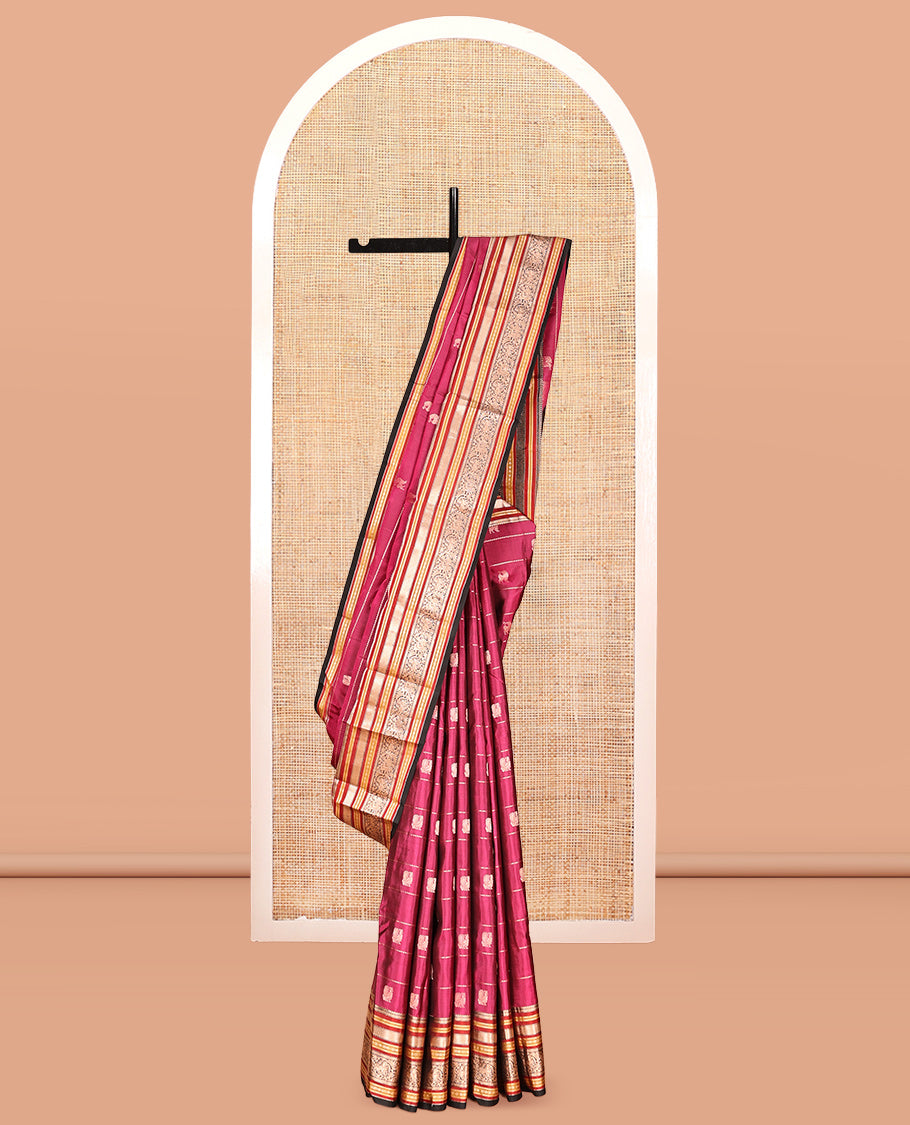 Majenta Striped-Mayil Buttas Vasundhara Silksaree, Contrast Border of Mayil Kann, Mayil, and Yaali, Jaal Pallu, and a Contrast Blouse