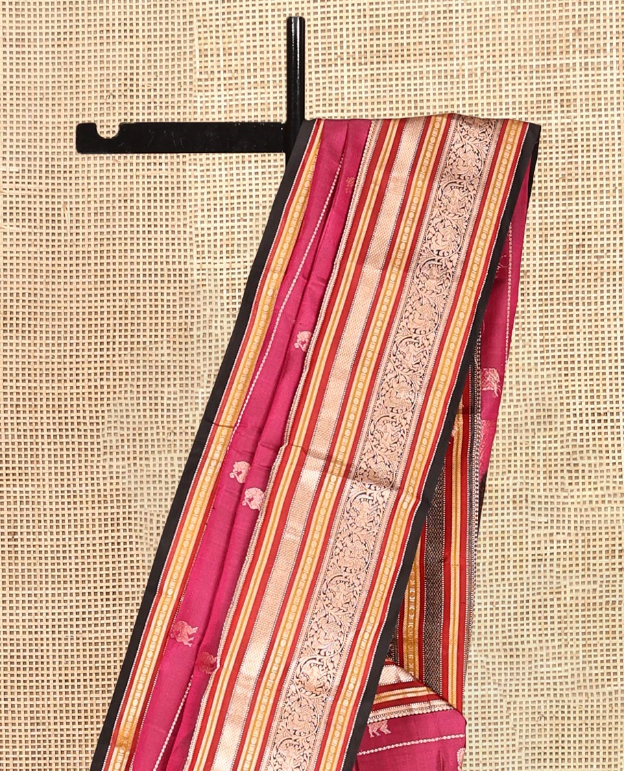 Majenta Striped-Mayil Buttas Vasundhara Silksaree, Contrast Border of Mayil Kann, Mayil, and Yaali, Jaal Pallu, and a Contrast Blouse
