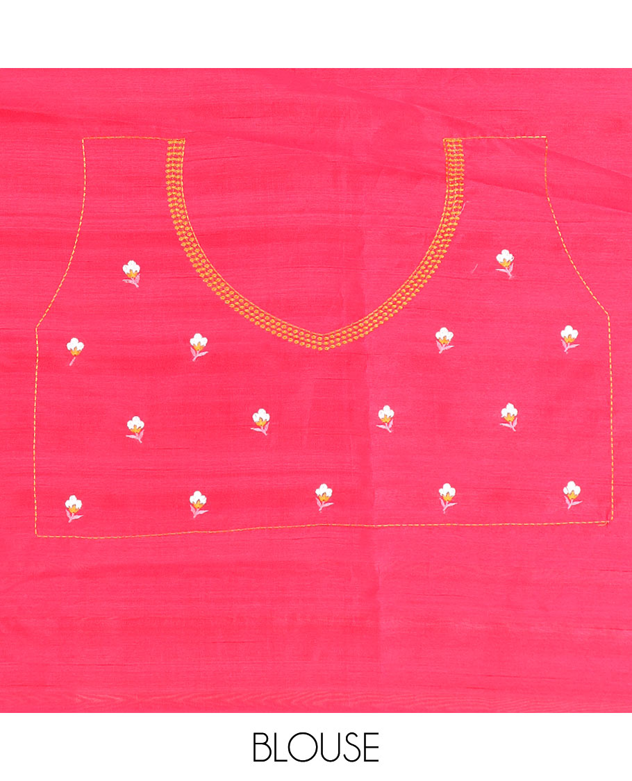Pink cotton flower-style motifs embroidered saree, scallop border of bird motifs patch embroidery, and embroidered pallu