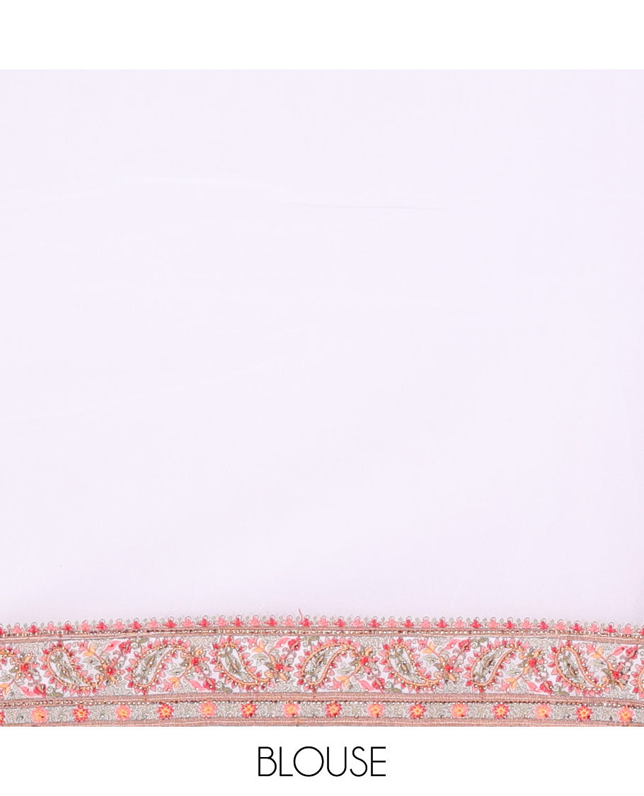 Elegant white floral and paisley vine multi-hue thread embroidered designer saree, thread embroidered border