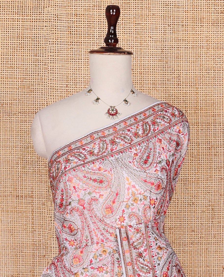 Elegant white floral and paisley vine multi-hue thread embroidered designer saree, thread embroidered border