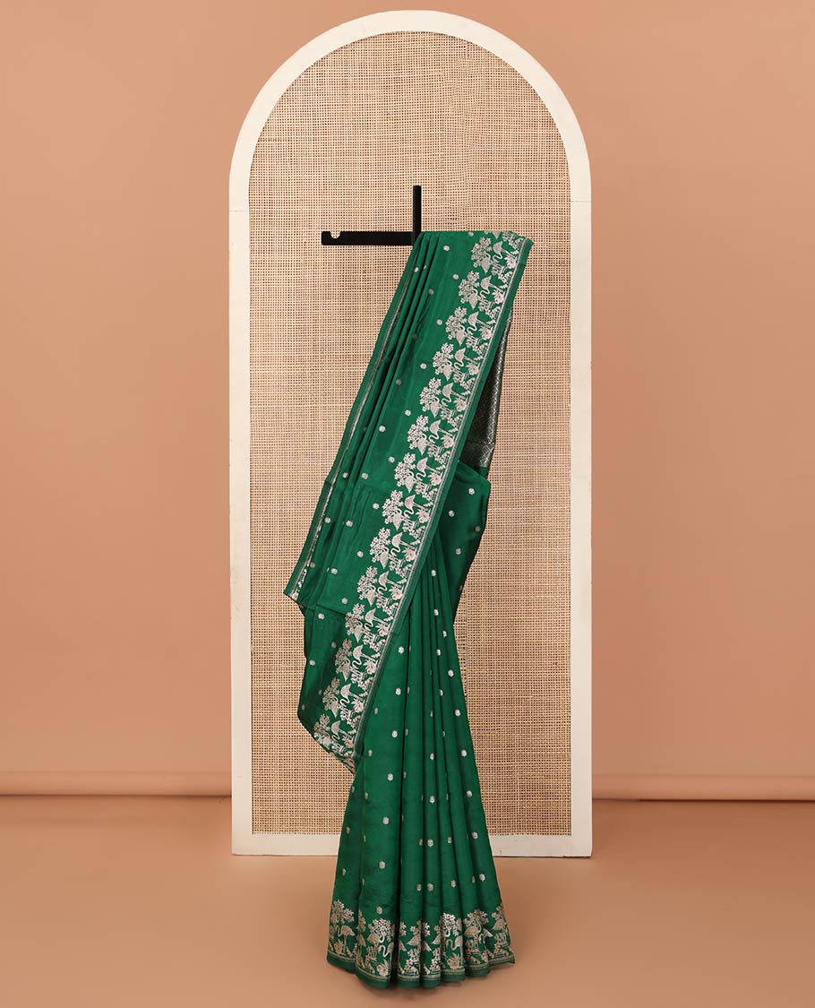 Green floral buttas raw mango silk saree, floral, and flamingos zari border, and jaal pallu
