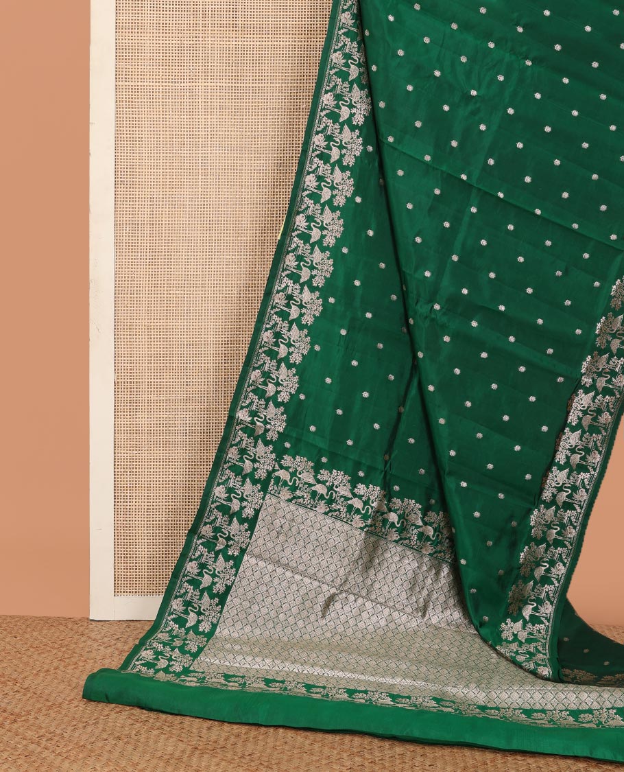 Green floral buttas raw mango silk saree, floral, and flamingos zari border, and jaal pallu