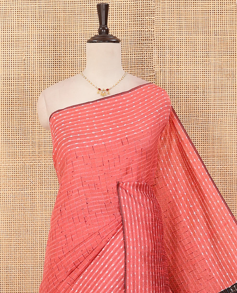 Peach buttas and checks dupion saree, dobbly-style buttas border, and contrast pallu of thread stripes