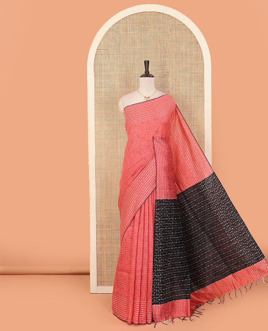 Peach buttas and checks dupion saree, dobbly-style buttas border, and contrast pallu of thread stripes