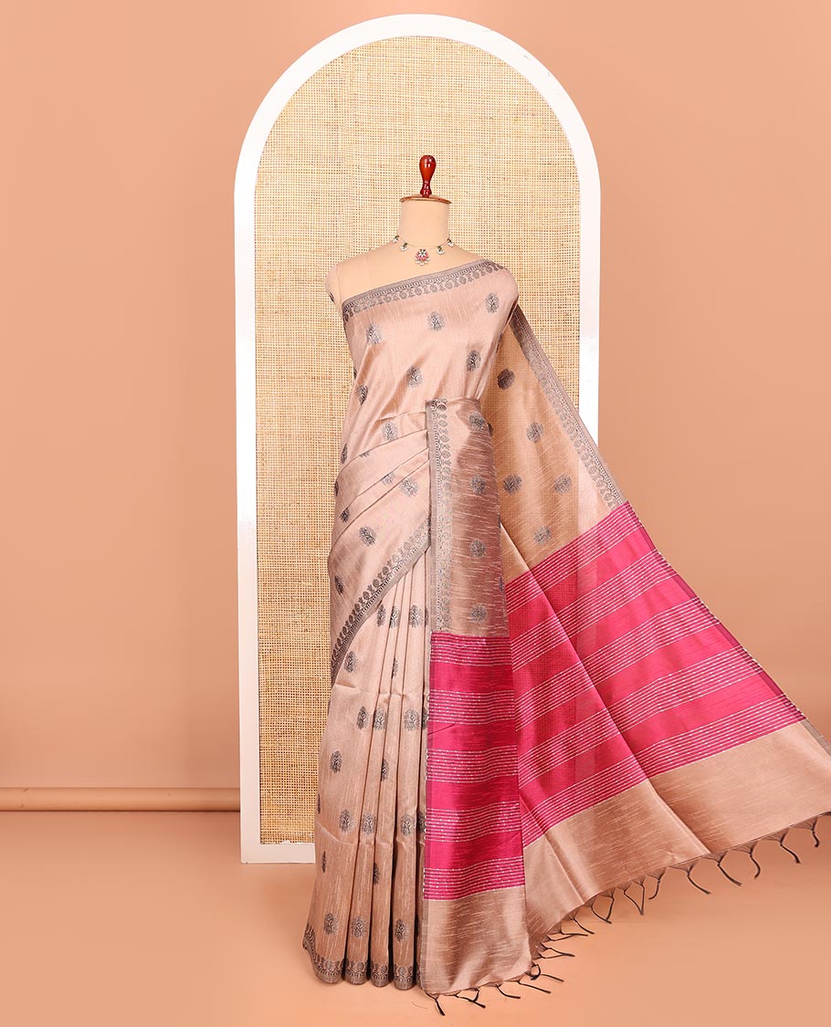 Sandal Semi-Dupion Saree Adorned with Buttas All Over Its Body, Complemented by Subtle Self-Border, Contrast Pallu Featuring Sequin Stripes, and Paired with a Contrast Blouse
