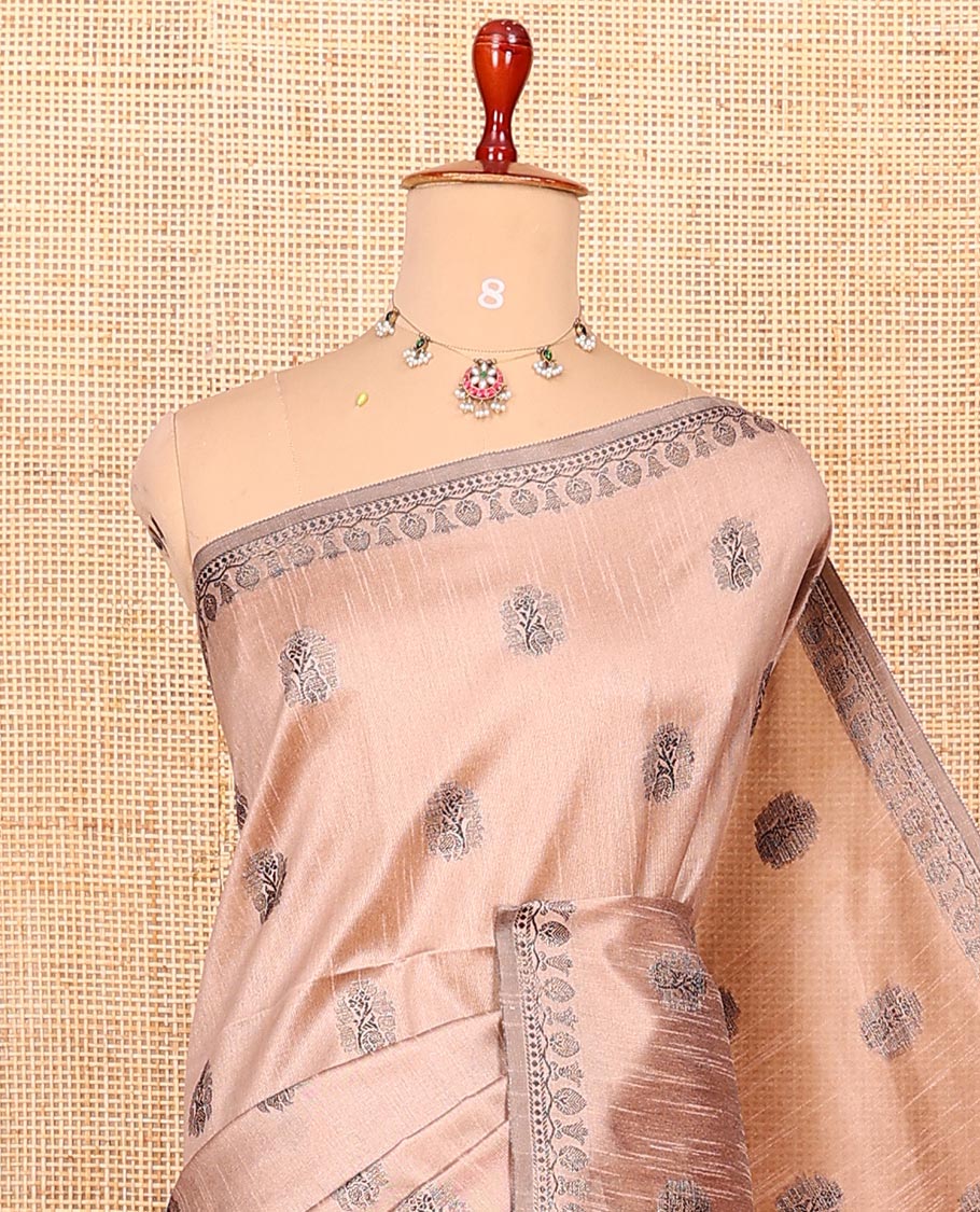 Sandal Semi-Dupion Saree Adorned with Buttas All Over Its Body, Complemented by Subtle Self-Border, Contrast Pallu Featuring Sequin Stripes, and Paired with a Contrast Blouse