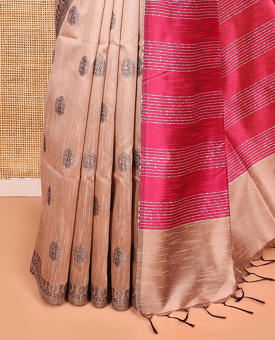 Sandal Semi-Dupion Saree Adorned with Buttas All Over Its Body, Complemented by Subtle Self-Border, Contrast Pallu Featuring Sequin Stripes, and Paired with a Contrast Blouse
