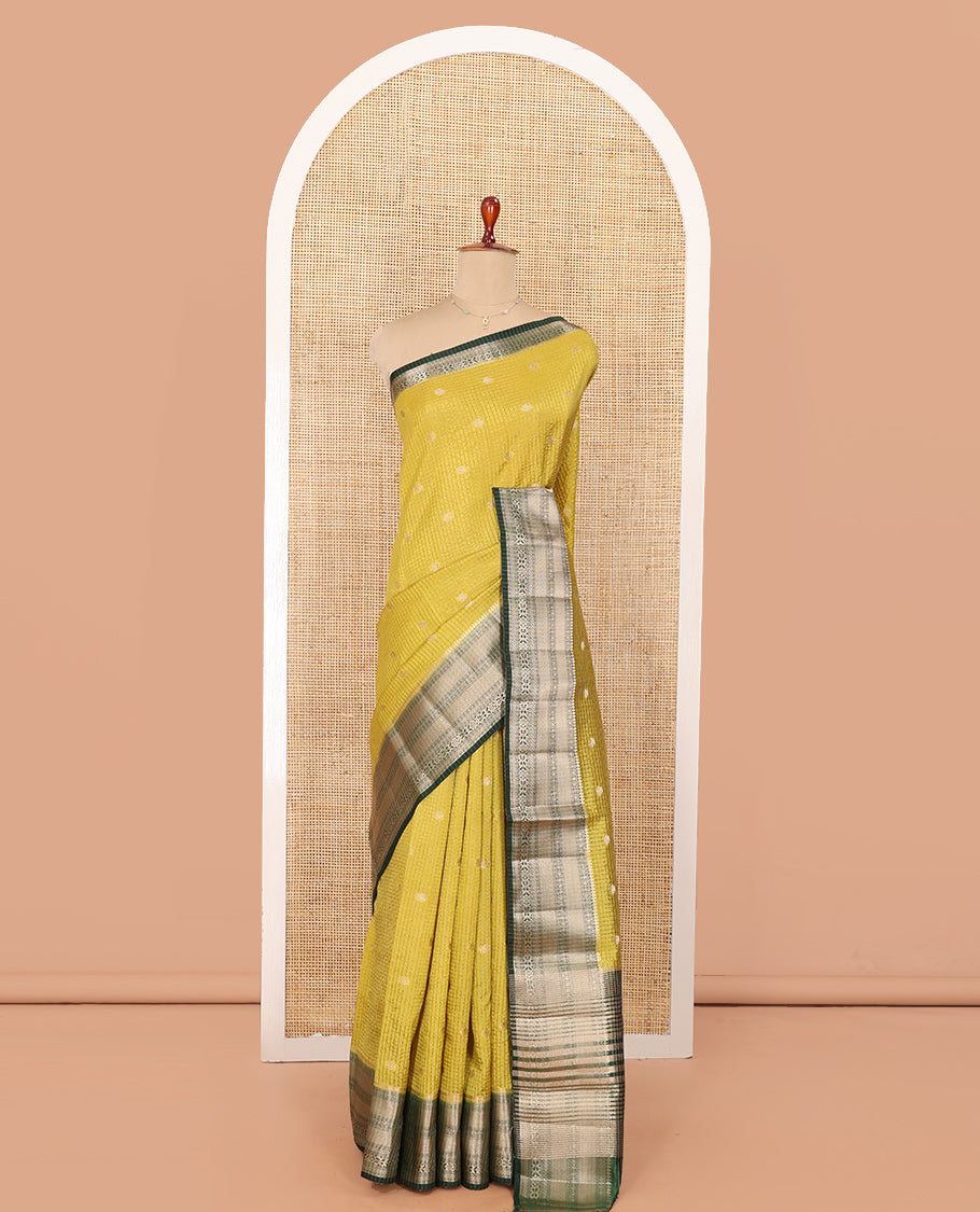 Green Semi-Banarasi Dupion Saree, Subtly Sparkled with Checks and Zari Buttas, a Contrast Traditional Zari Border, Striped Pallu, and a Contrast Blouse