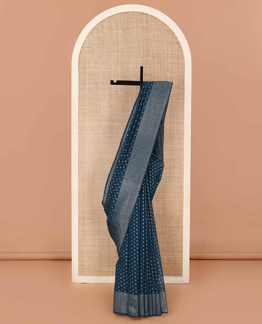 Blue zari buttas fancy saree, zari floral creeper border, and floral jaal pallu